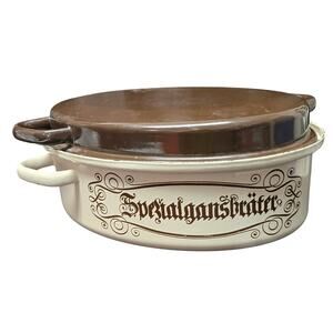 Vintage Large Tan & Brown Iron Roaster Frying Pan Roasting Pot Casserole Dish